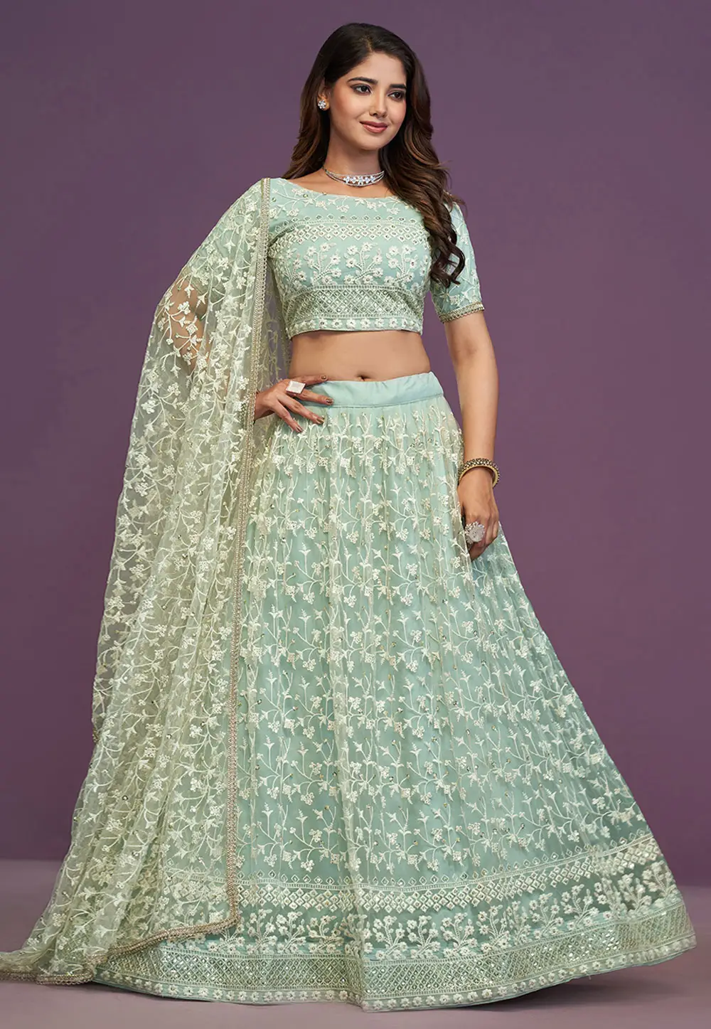 Sea Green Net Circular Lehenga Choli 296458