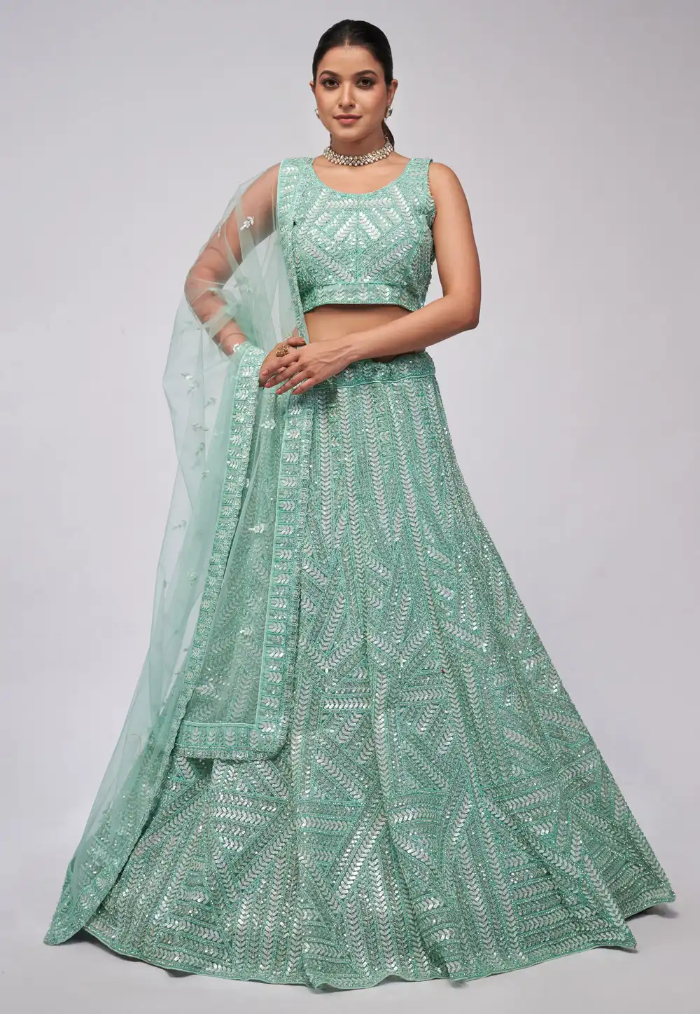 Sea Green Net Circular Lehenga Choli 288606