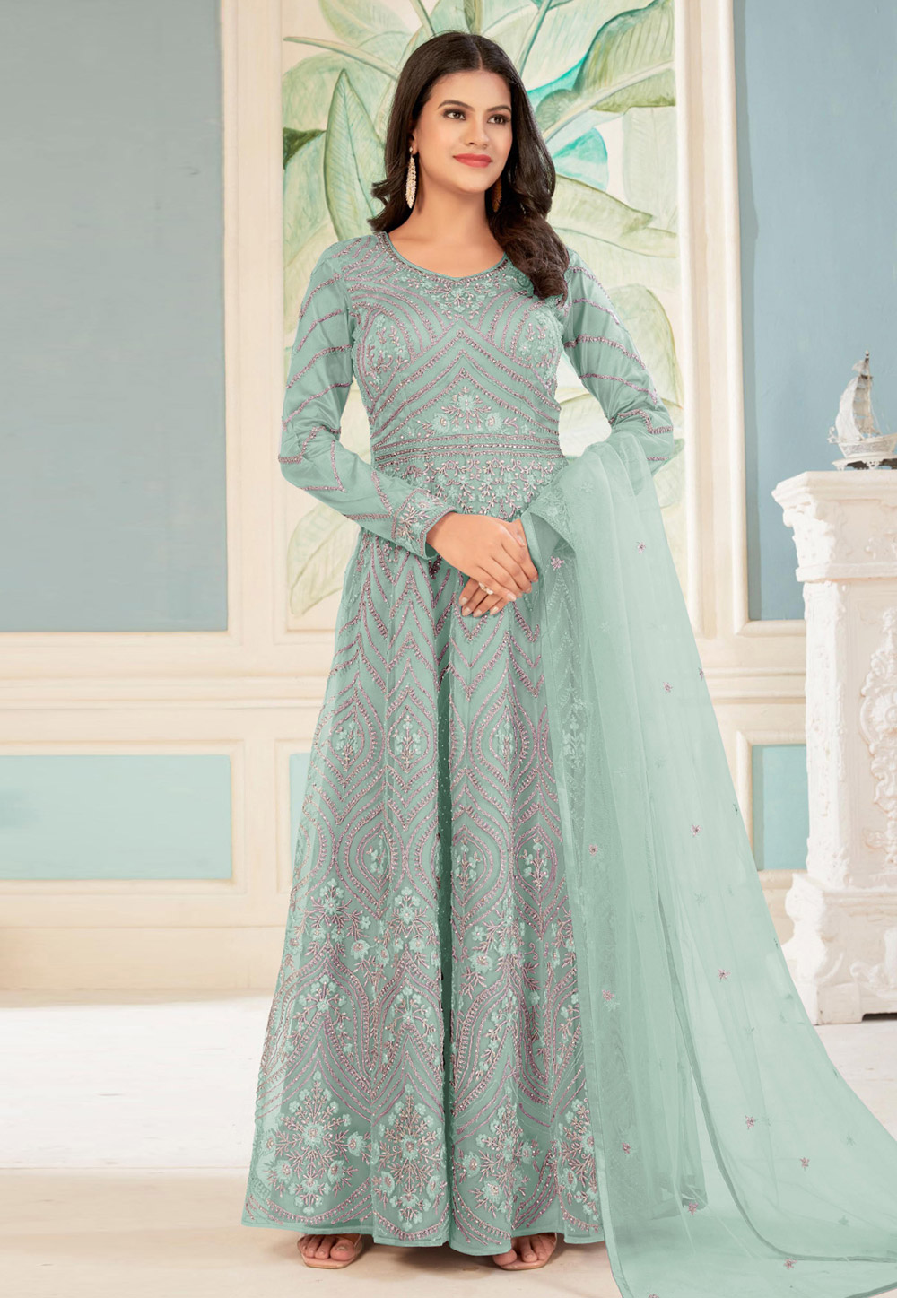 Sea Green Net Embroidered Anarkali Suit 280022