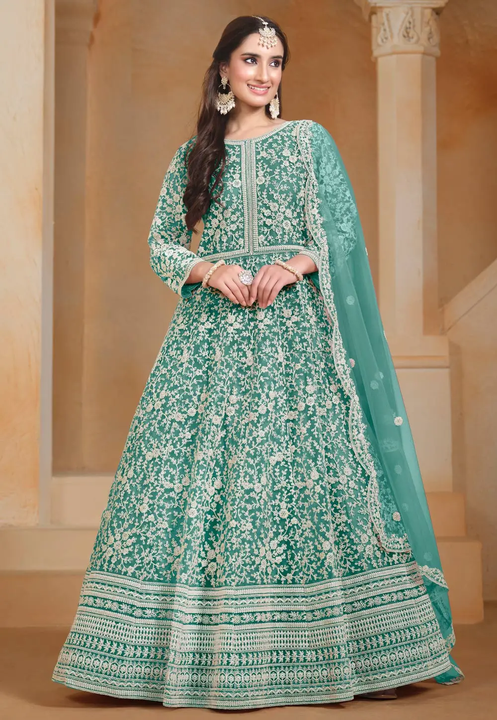 Sea Green Net Embroidered Anarkali Suit 296592