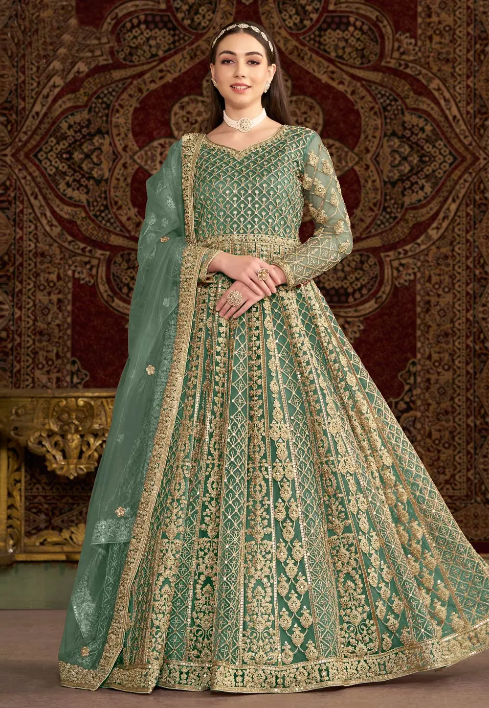 Sea Green Net Embroidered Anarkali Suit 297963