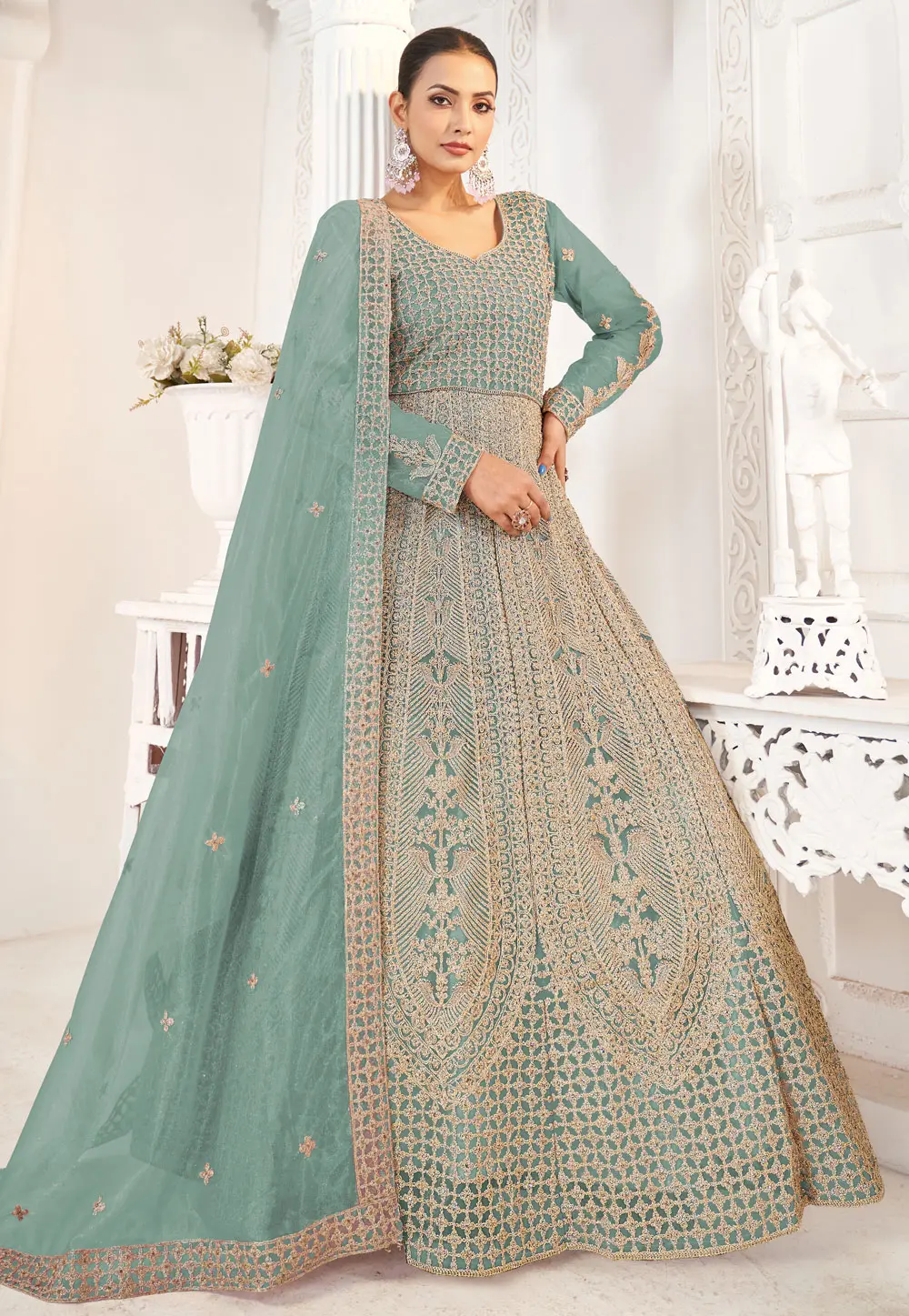 Sea Green Net Embroidered Anarkali Suit 304593