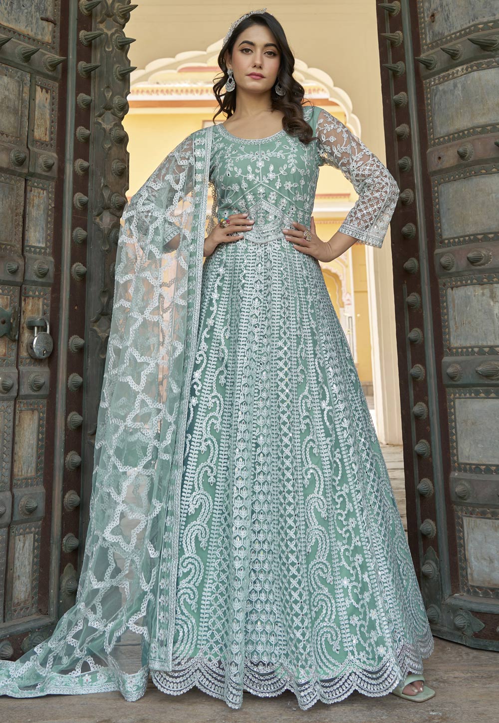 Sea Green Net Embroidered Anarkali Suit 310494