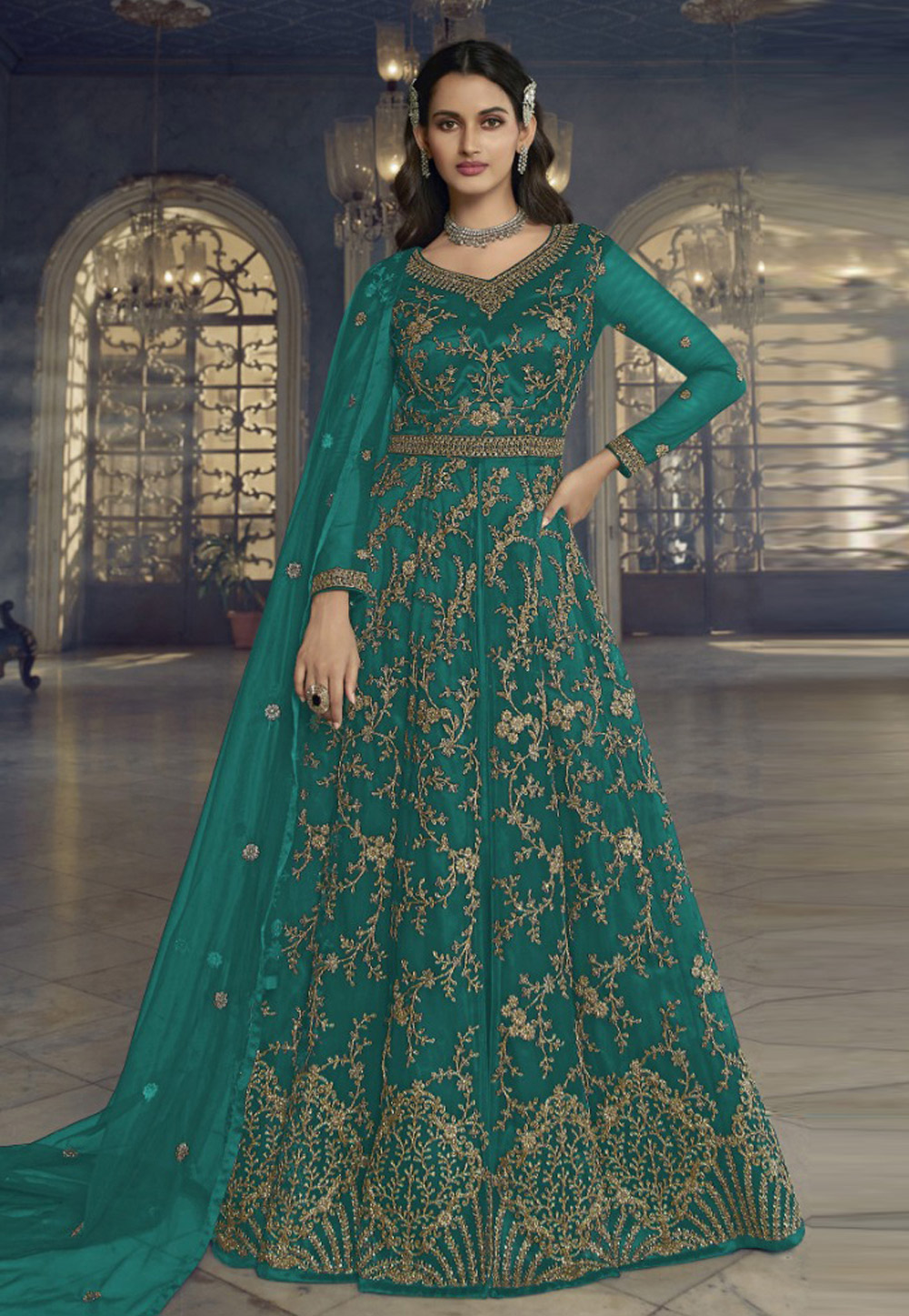 Sea Green Net Embroidered Anarkali Suit 279164
