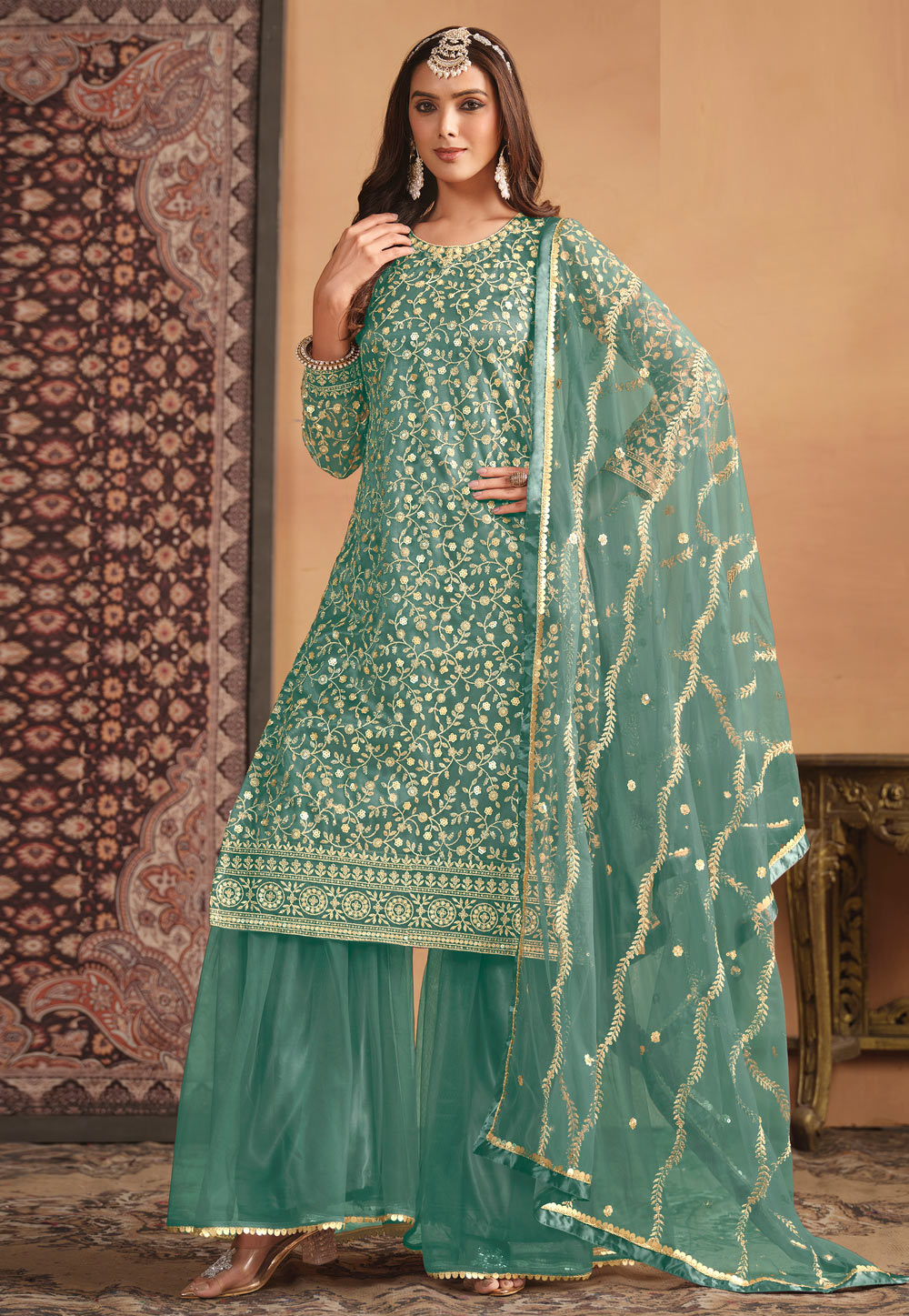 Sea Green Net Embroidered Gharara Suit 284113