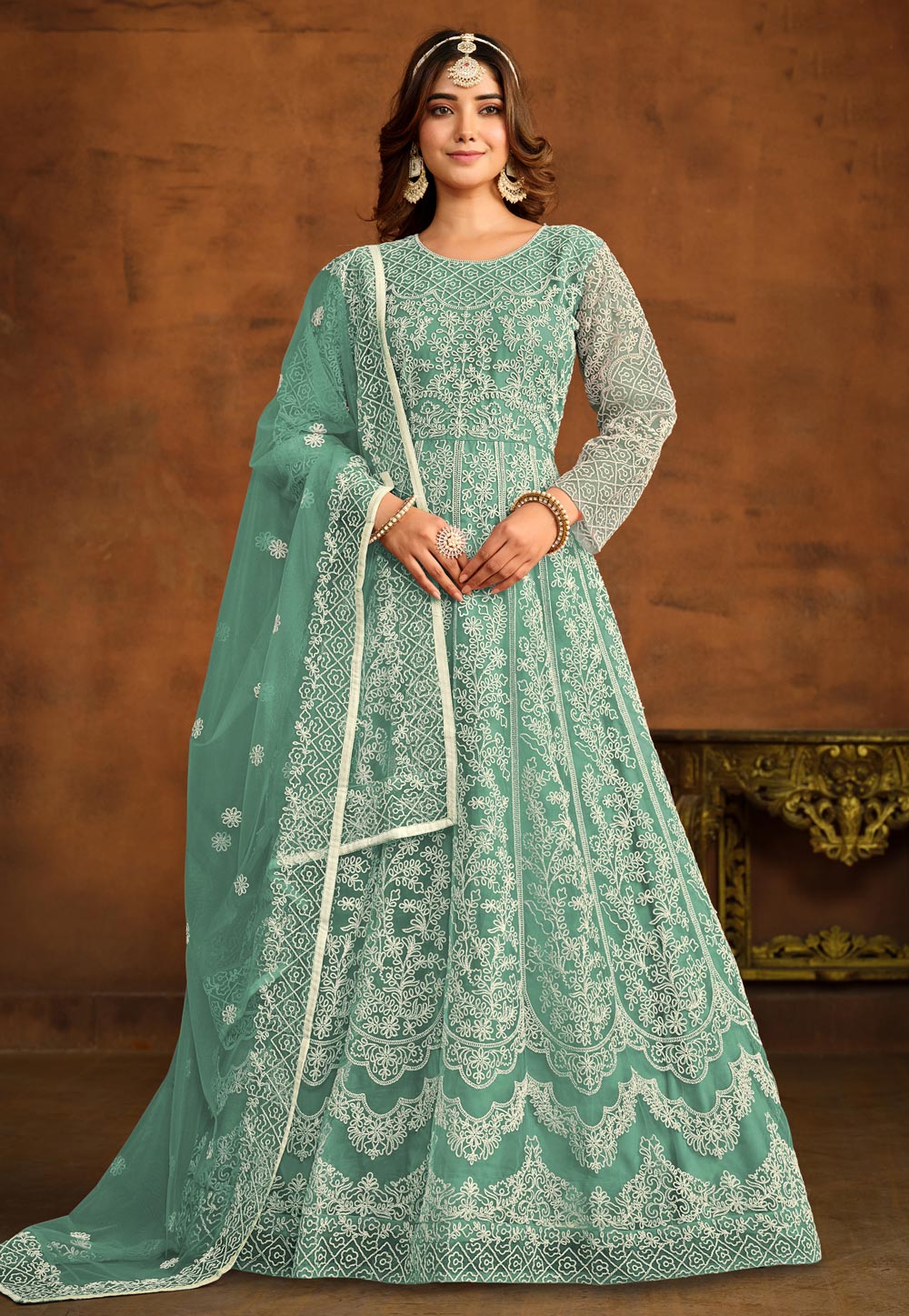 Sea Green Net Embroidered Long Anarkali Suit 280047