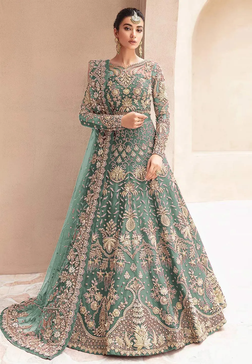 Sea Green Net Embroidered Long Anarkali Suit 304446