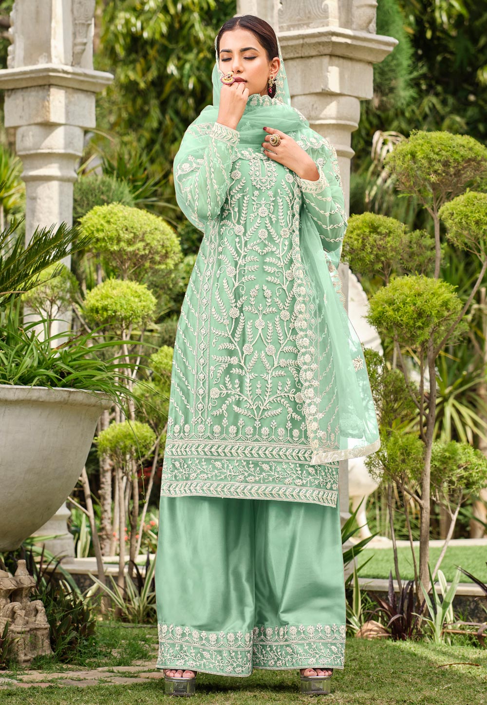 Sea Green Net Embroidered Pakistani Suit 282893