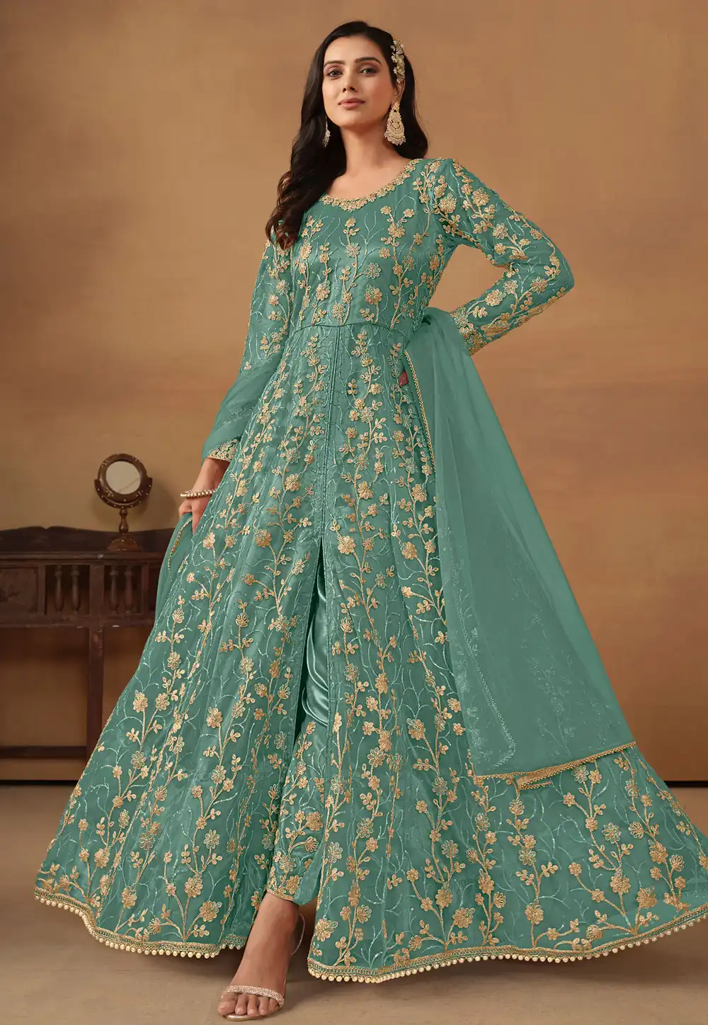 Sea Green Net Embroidered Pant Style Suit 291841