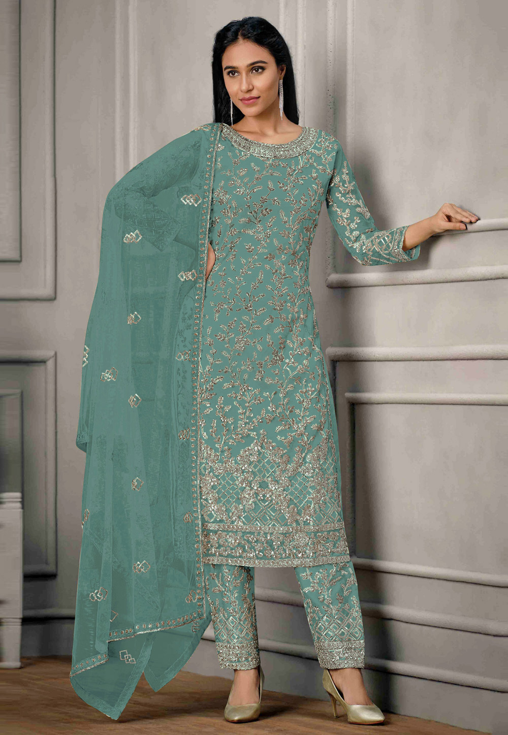 Sea Green Net Embroidered Straight Suit 279185