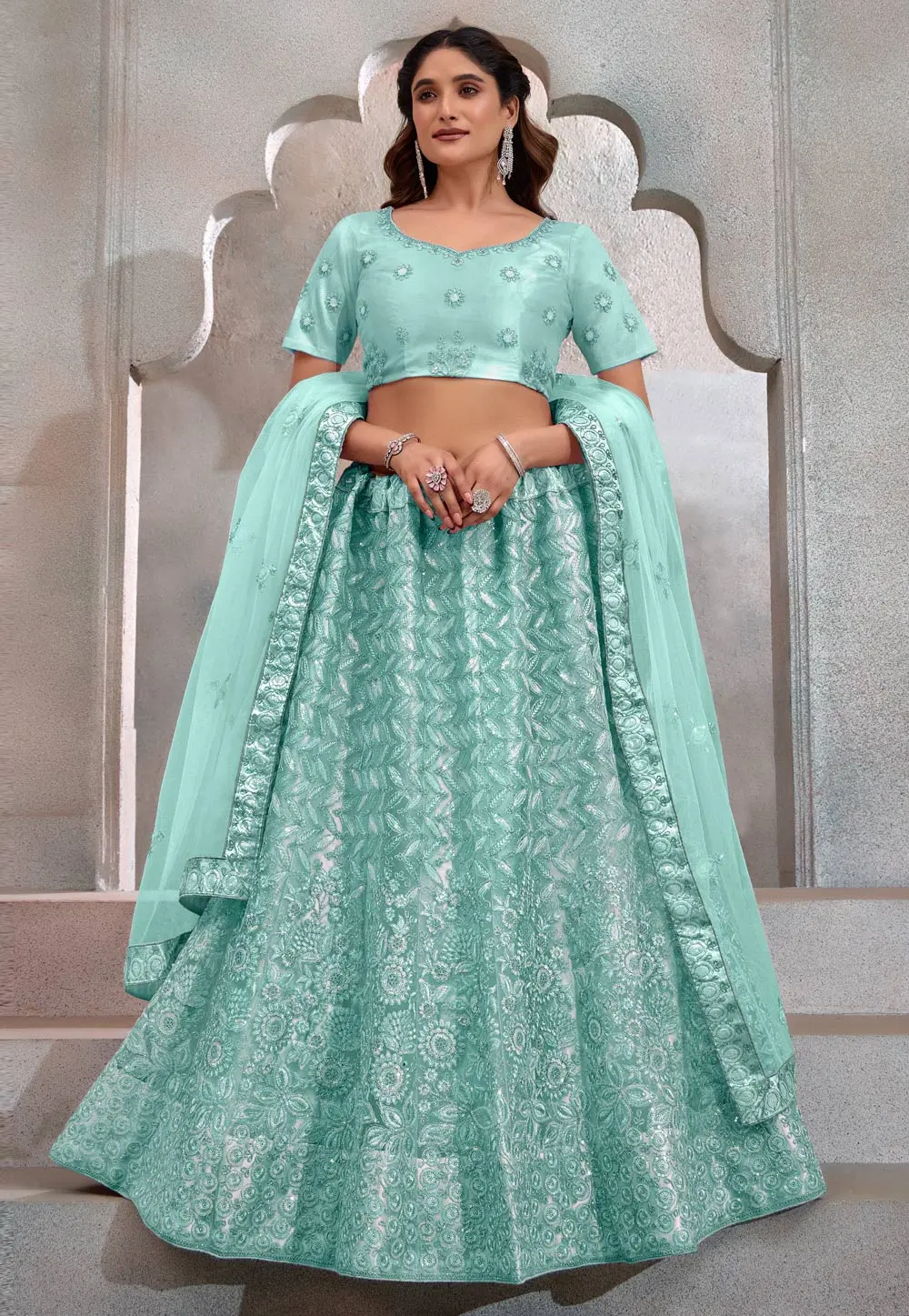 Sea Green Net Lehenga Choli 302361