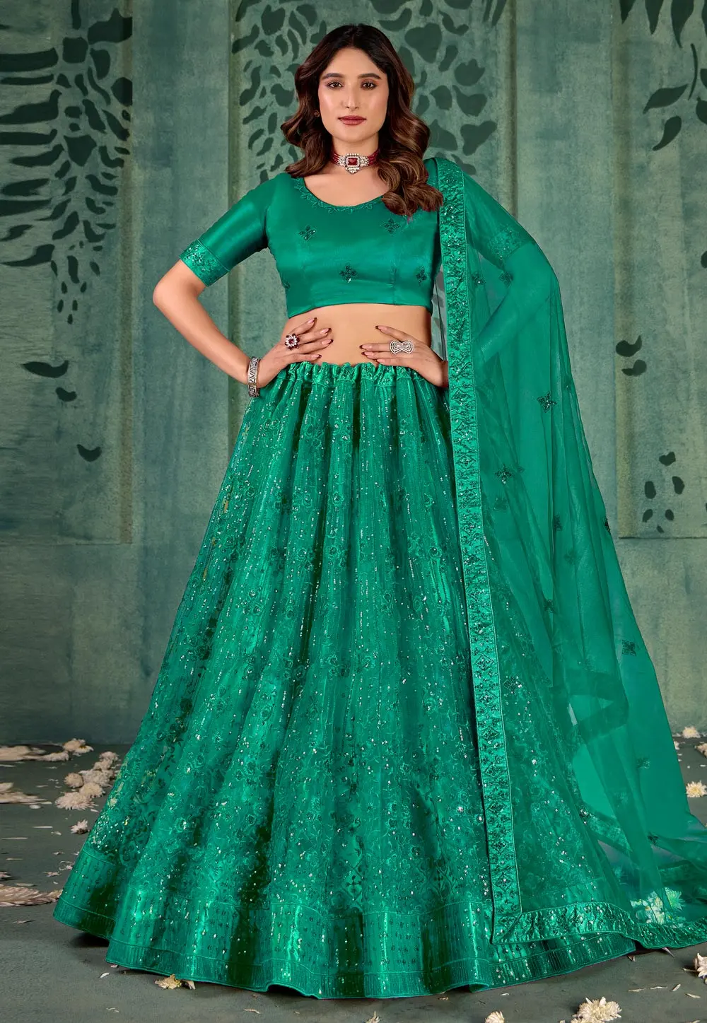 Sea Green Net Lehenga Choli 302724