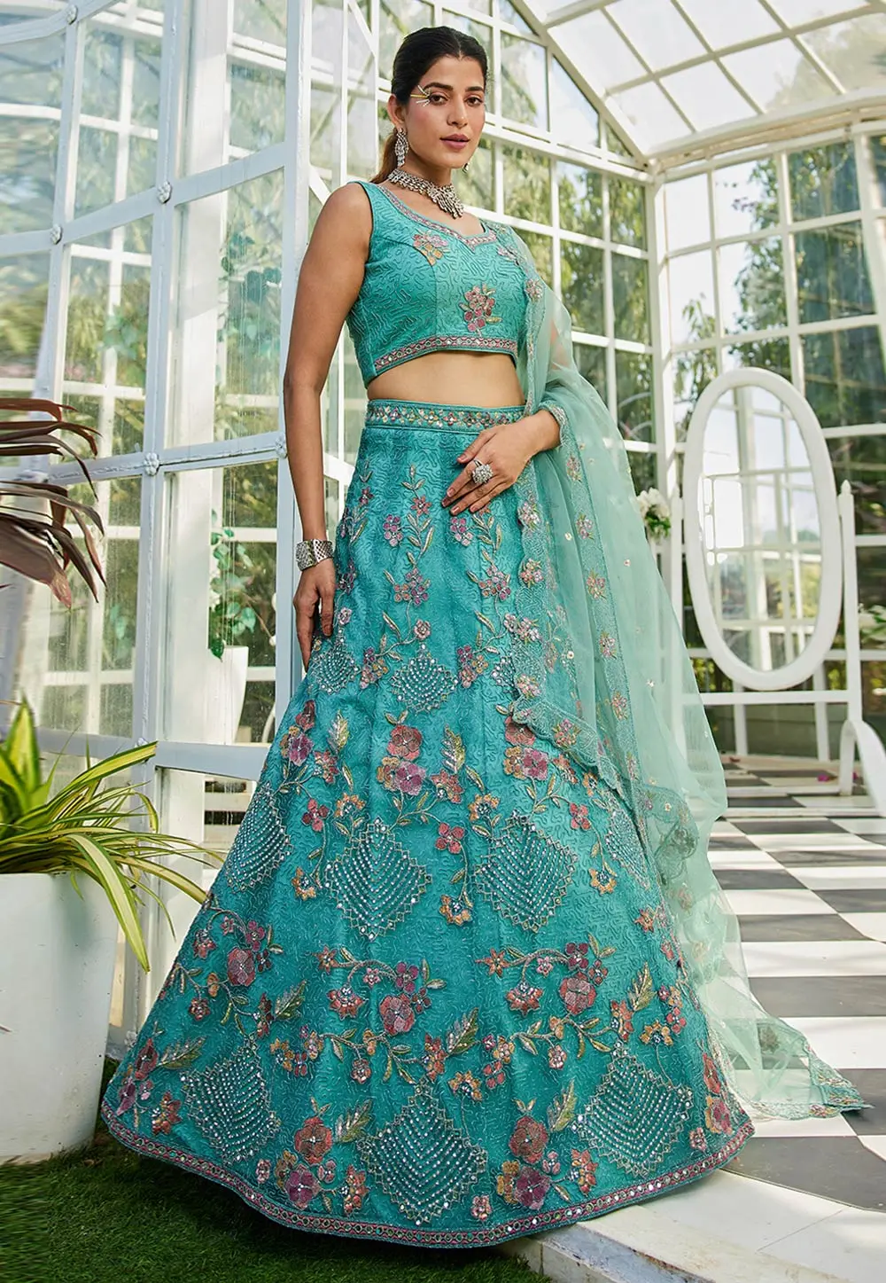 Sea Green Net Lehenga Choli 304197