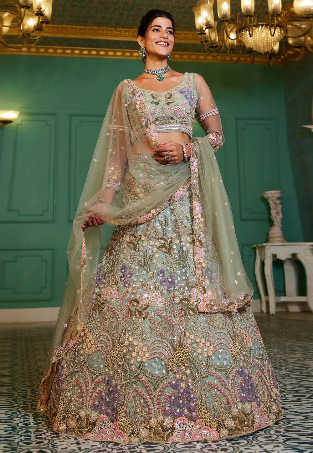 Sea Green Net Lehenga Choli 304215