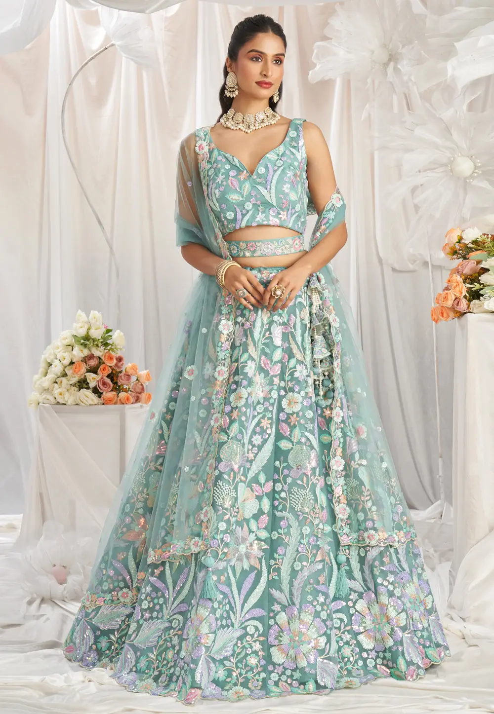 Sea Green Net Lehenga Choli 295385