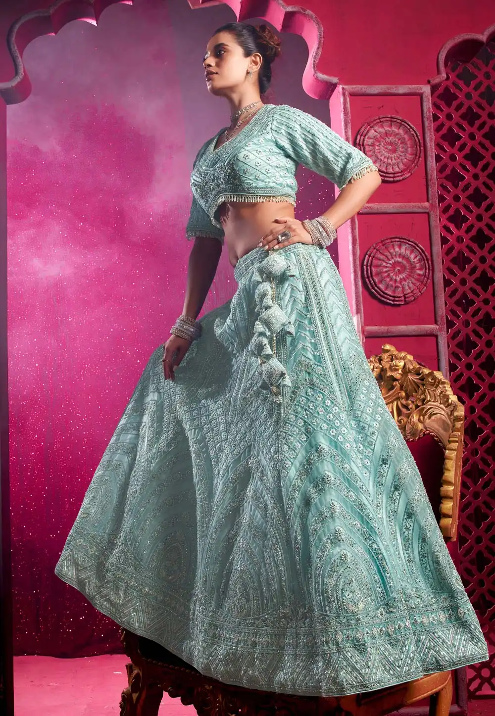 Sea Green Net Lehenga Choli 294105