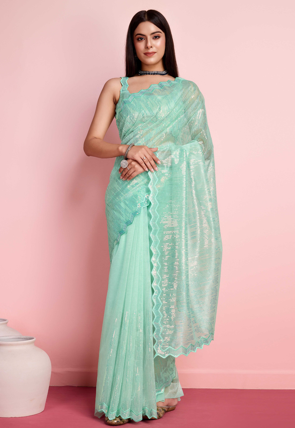 Sea Green Net Saree With Blouse 287165