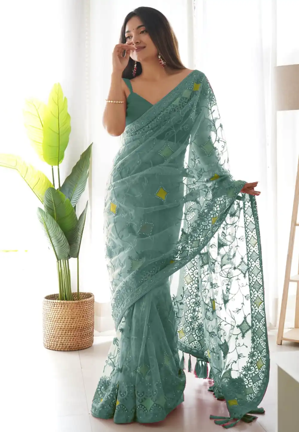 Sea Green Net Saree With Blouse 292250