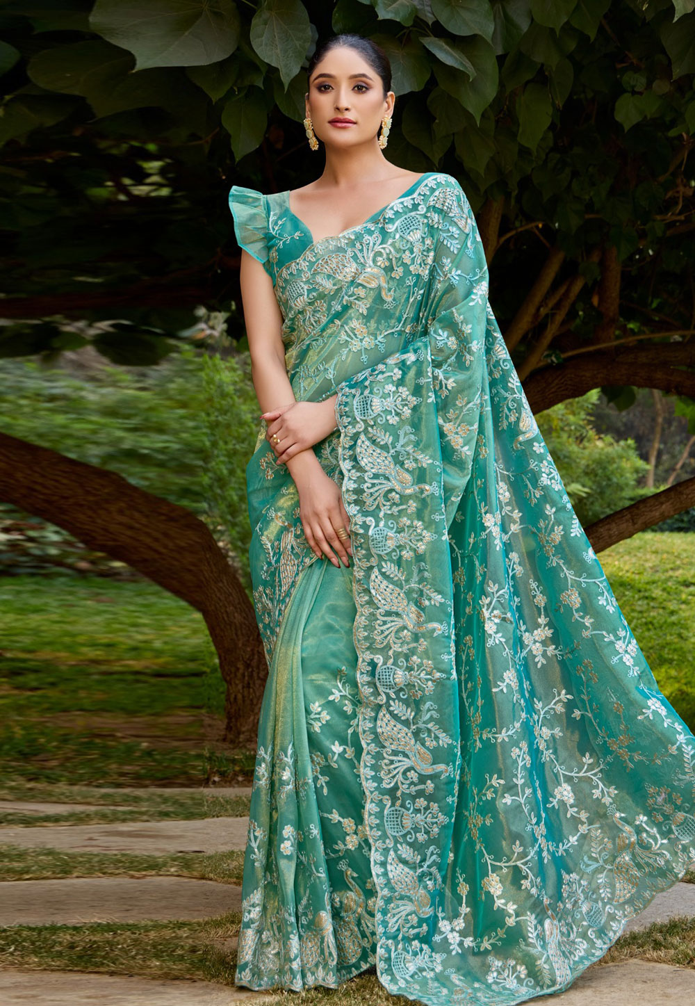 Sea Green Net Saree With Blouse 305546