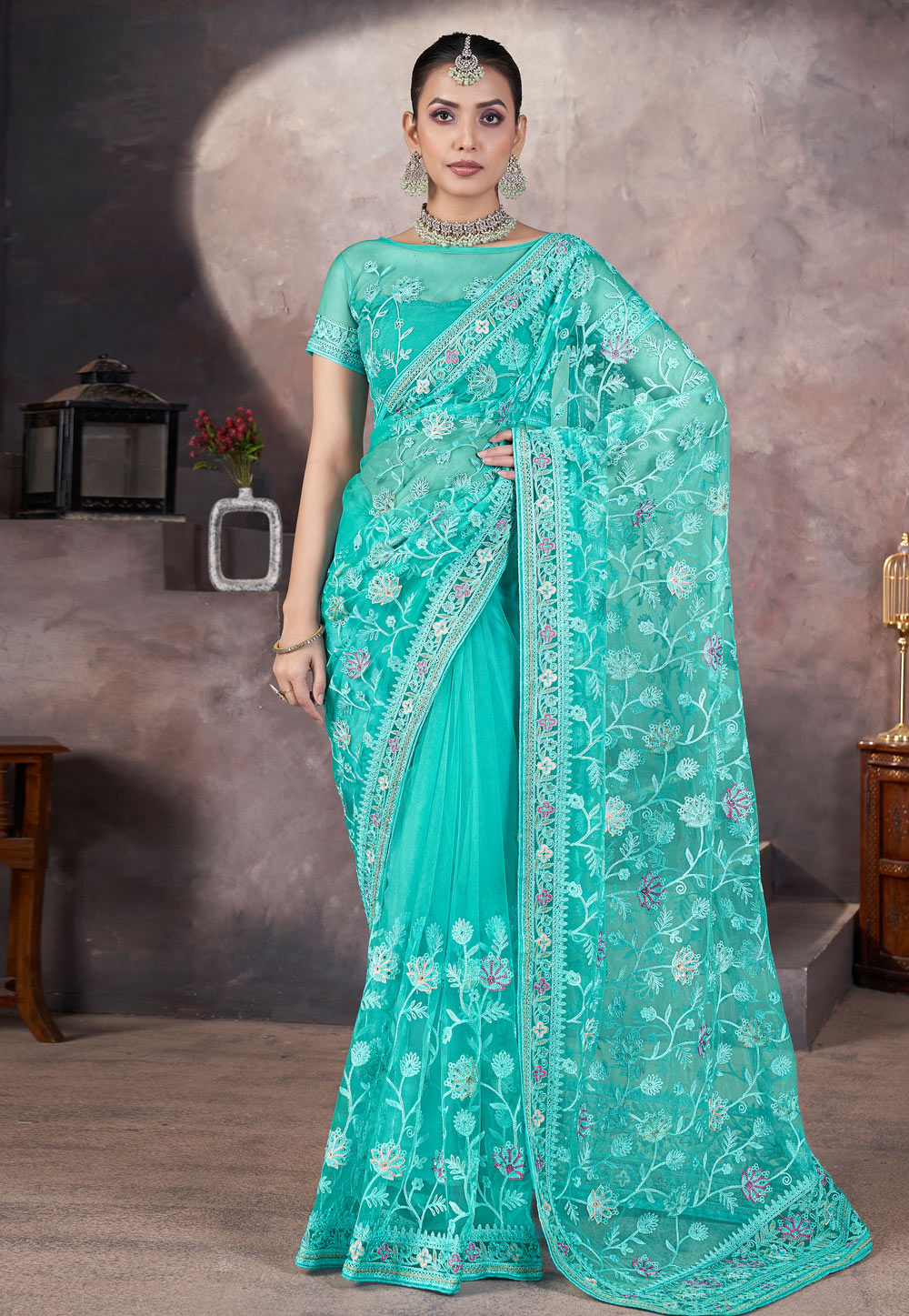 Sea Green Net Saree With Blouse 309402
