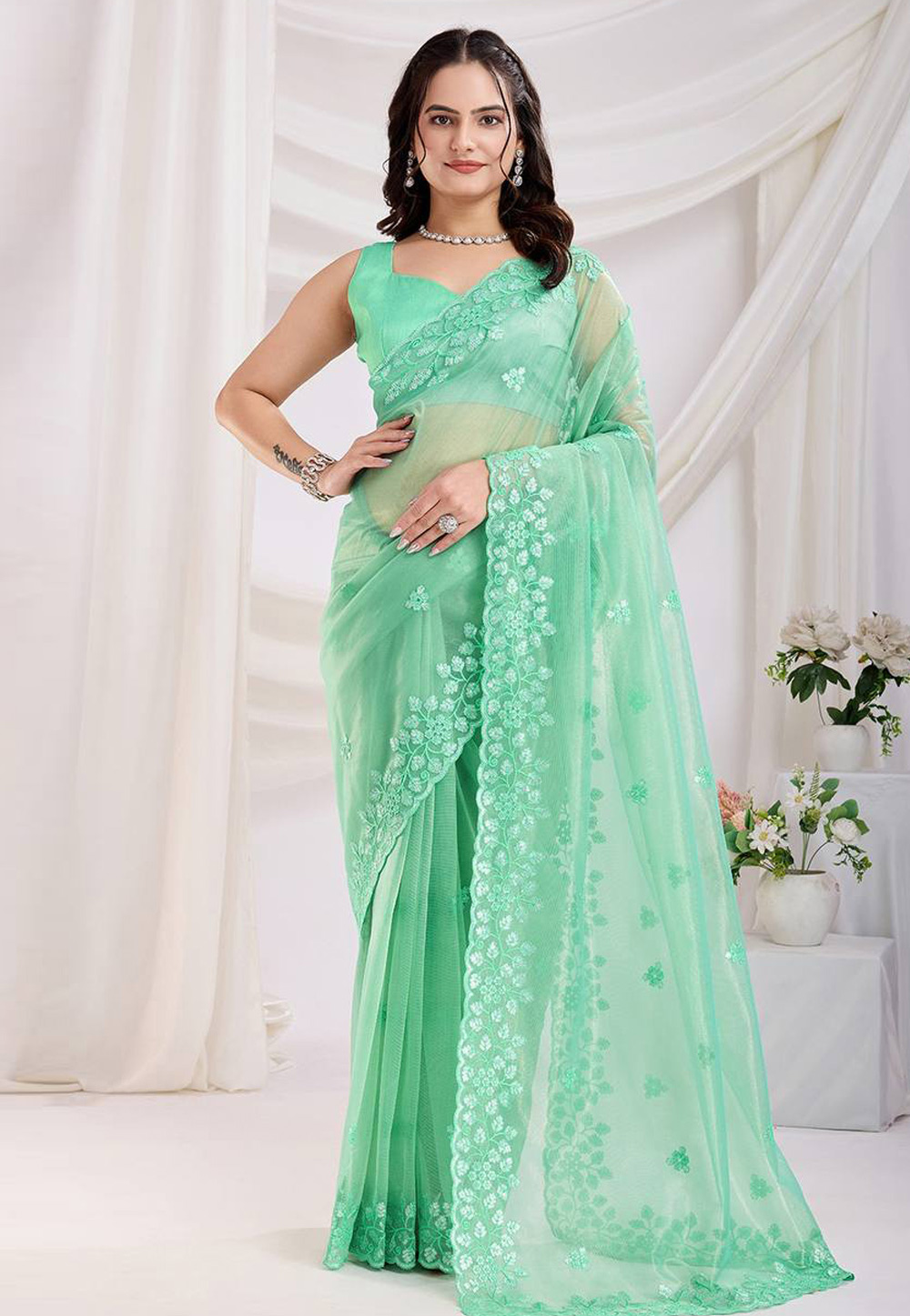 Sea Green Net Saree With Blouse 304978