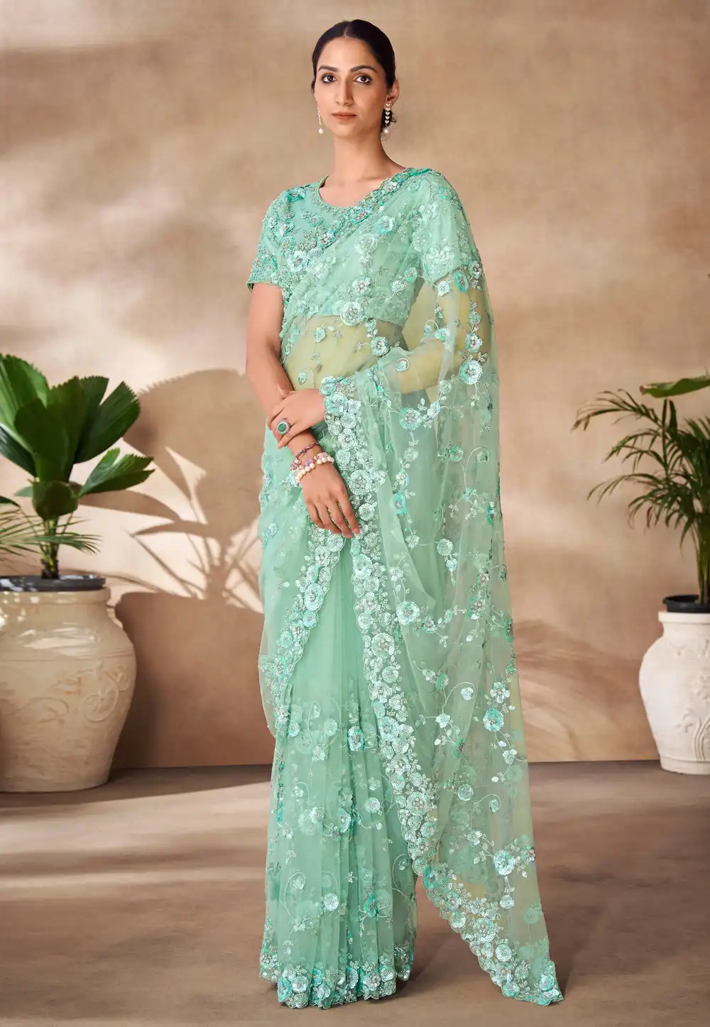 Sea Green Net Saree With Blouse 288566