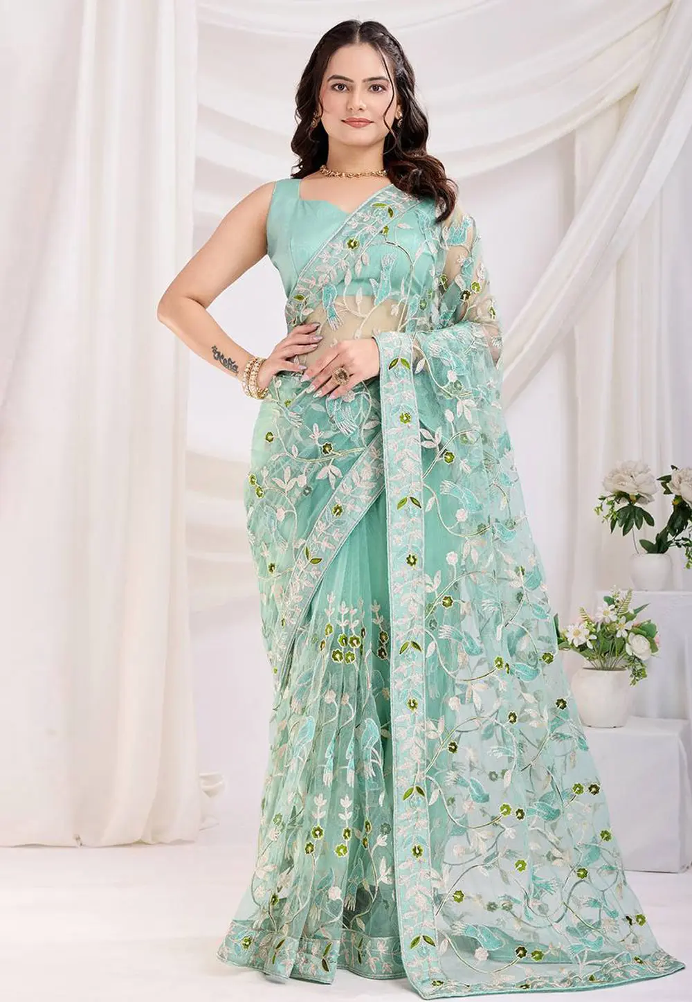 Sea Green Net Saree With Blouse 303262