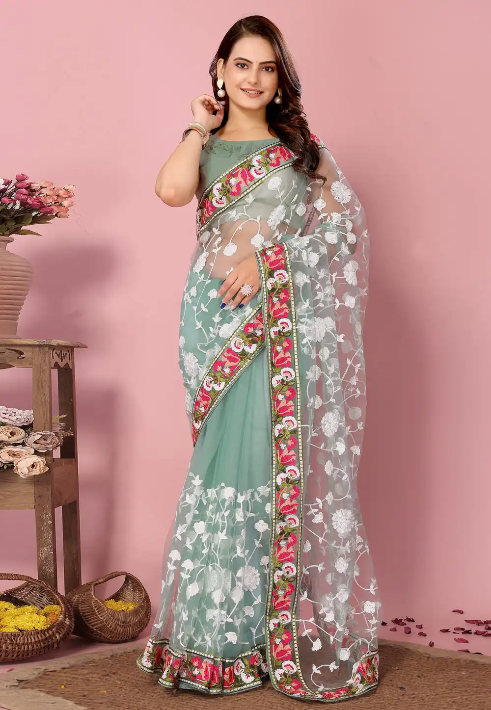 Sea Green Net Saree With Blouse 289075