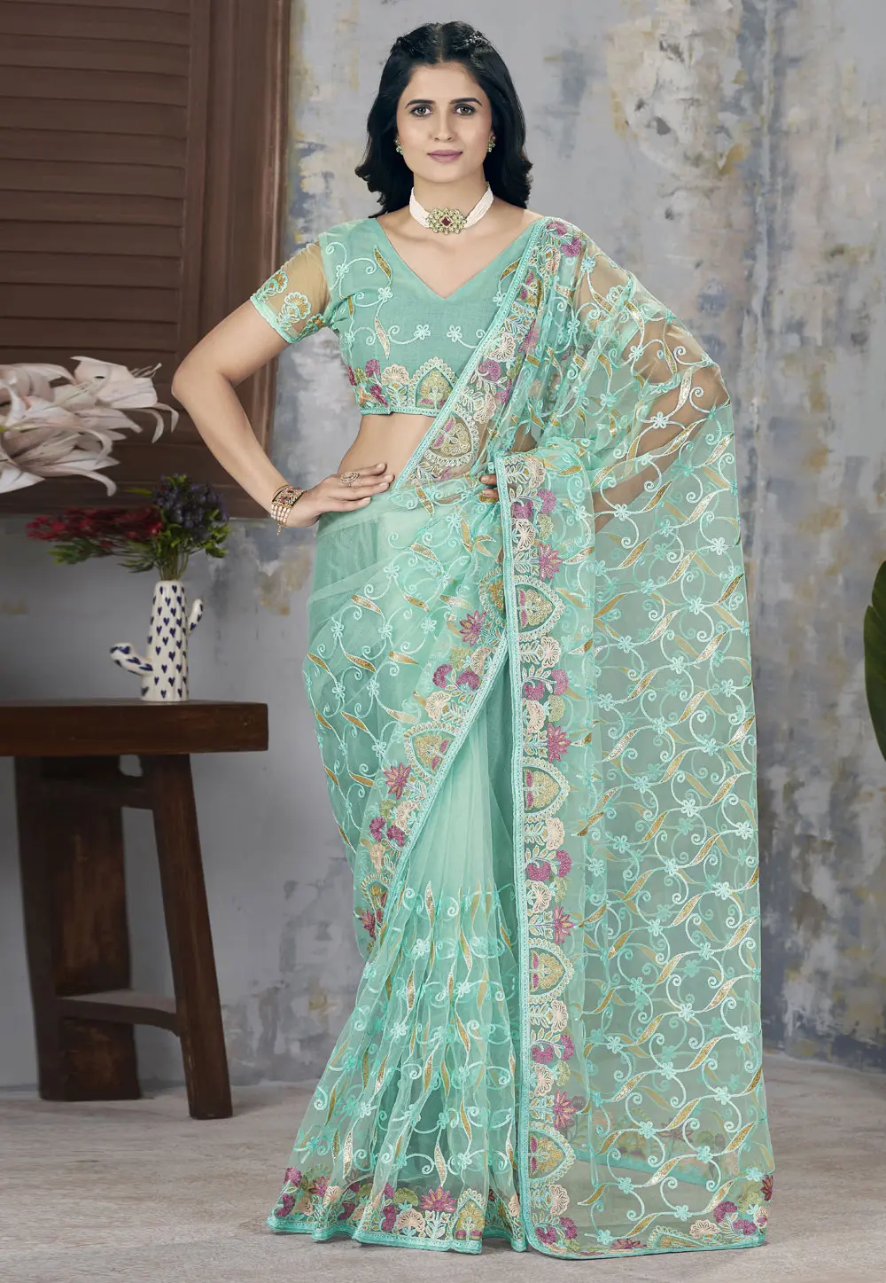 Sea Green Net Saree With Blouse 302522