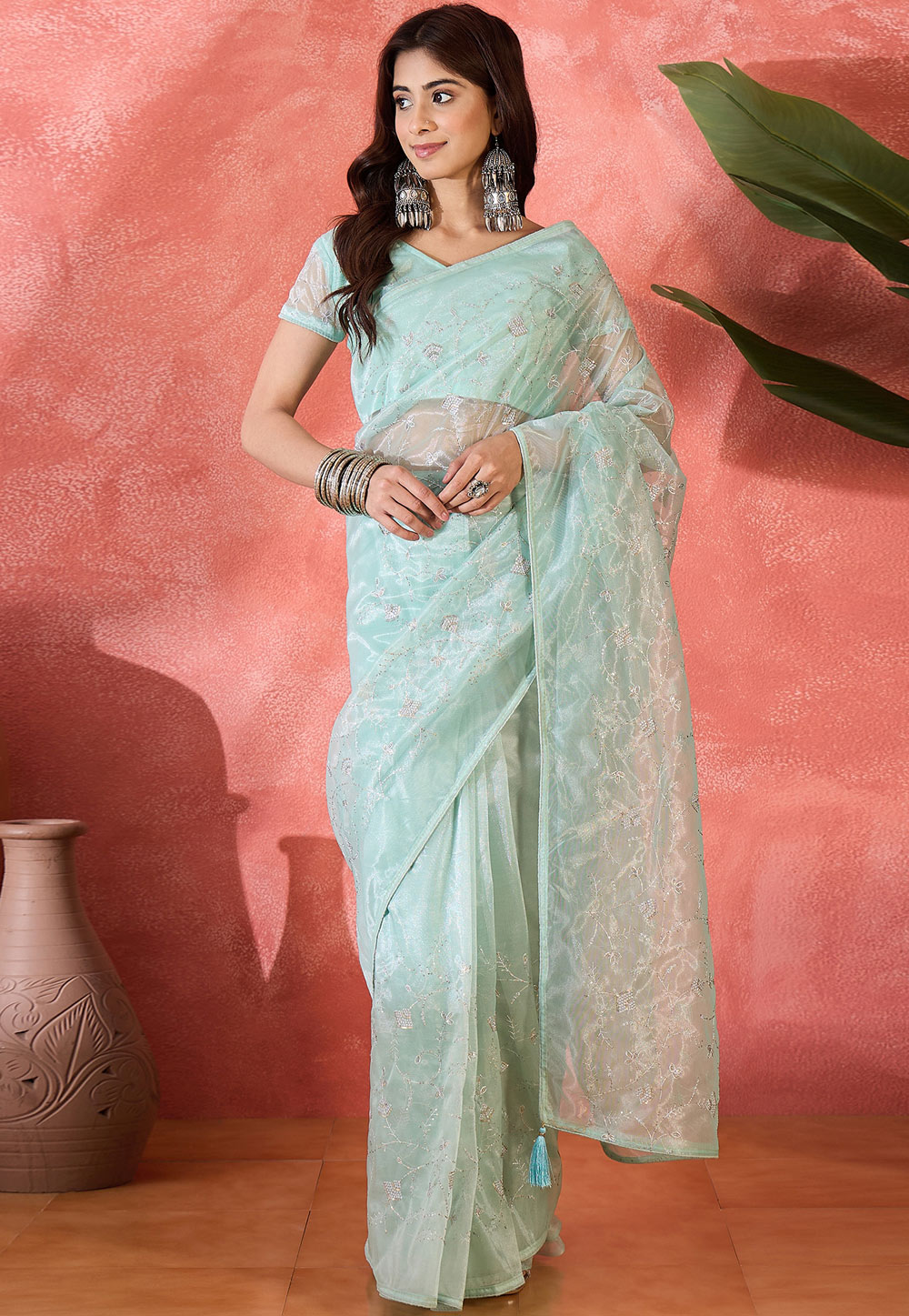 Sea Green Net Saree With Blouse 310680
