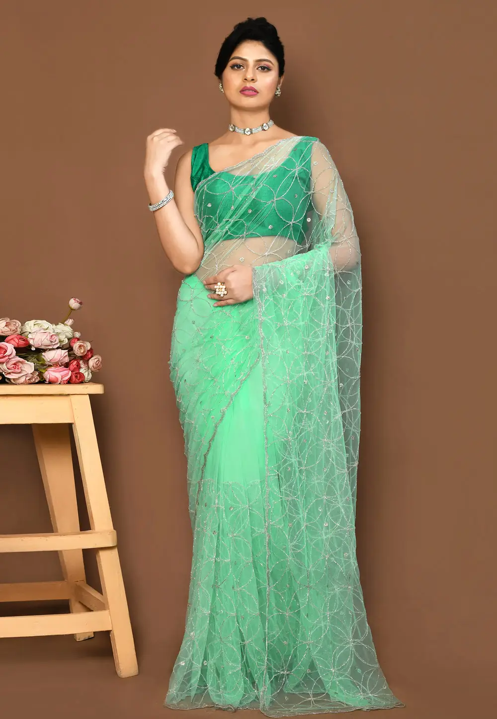 Sea Green Net Saree With Blouse 295964