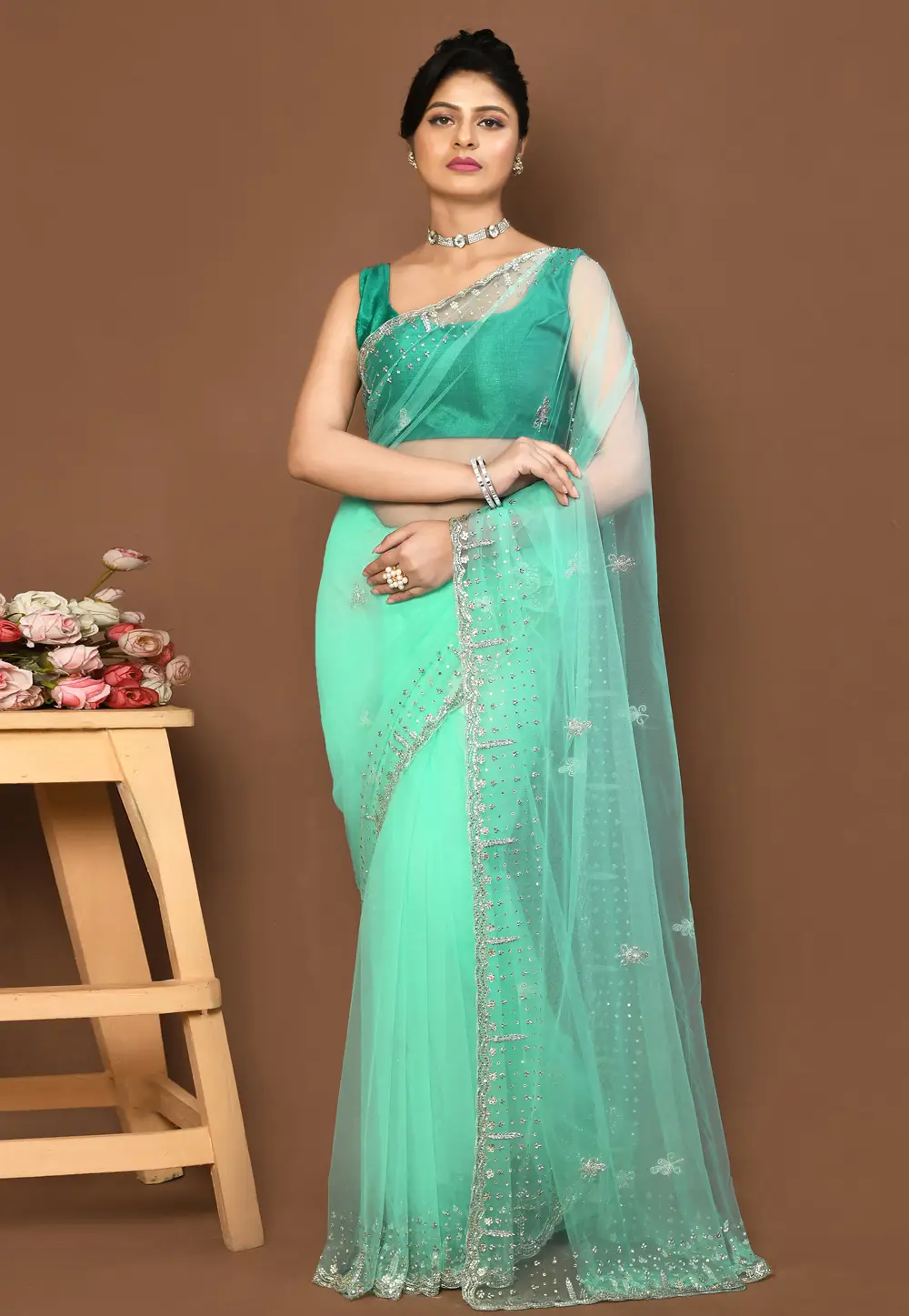 Sea Green Net Saree With Blouse 295996