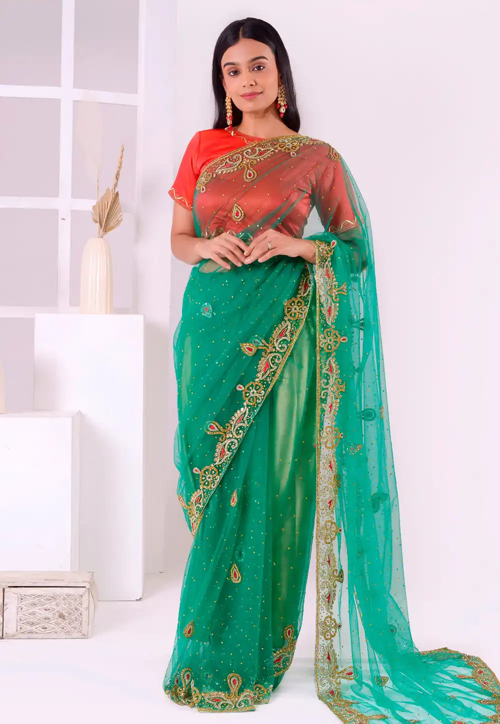 Sea Green Net Saree With Blouse 293597