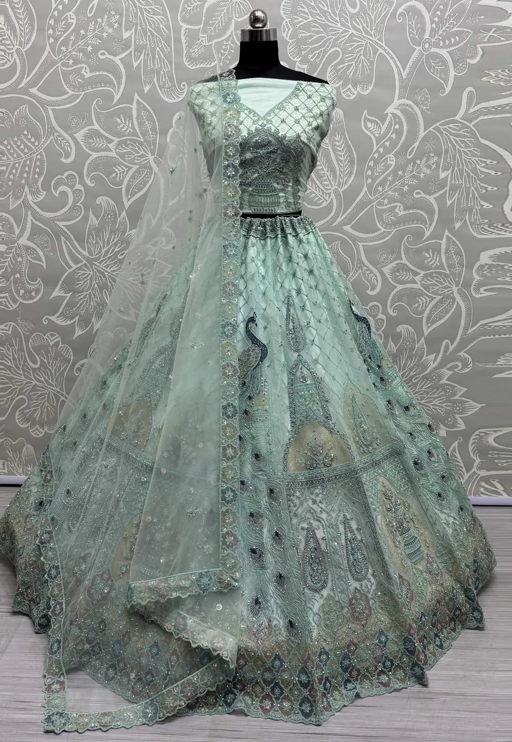 Sea Green Net Wedding Lehenga Choli 304143