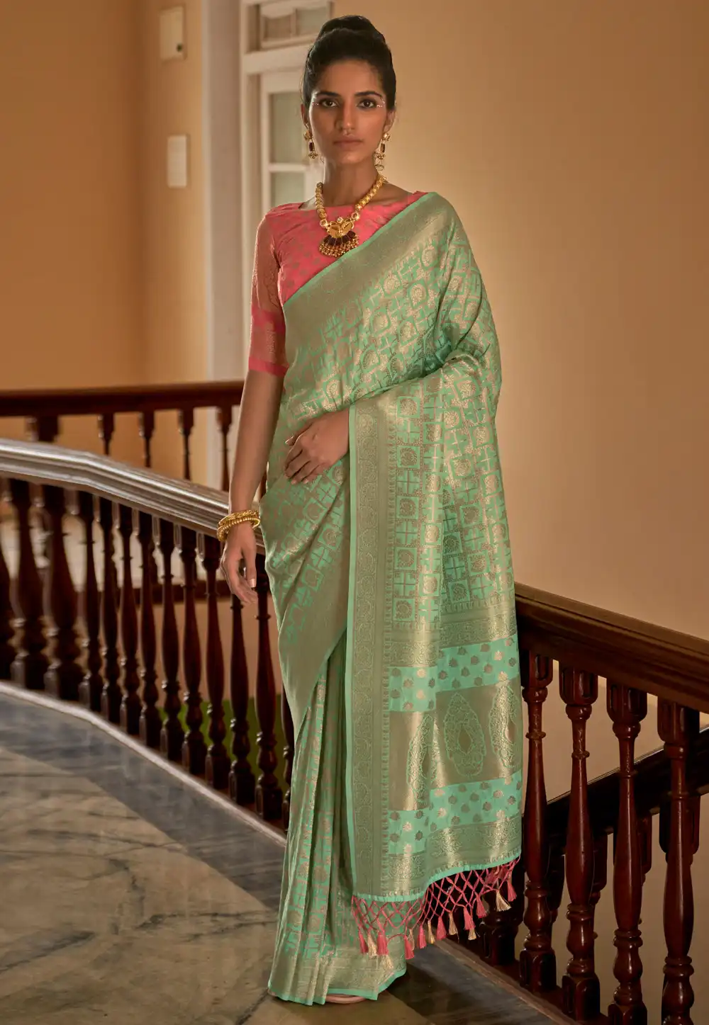 Sea Green Nylon Saree With Blouse 289109