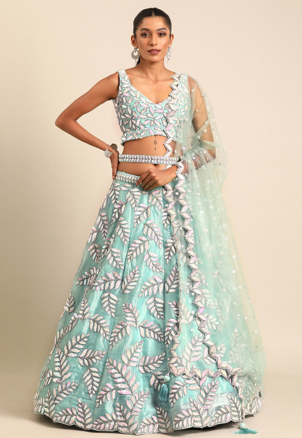 Sea Green Organza A Line Lehenga Choli 287613