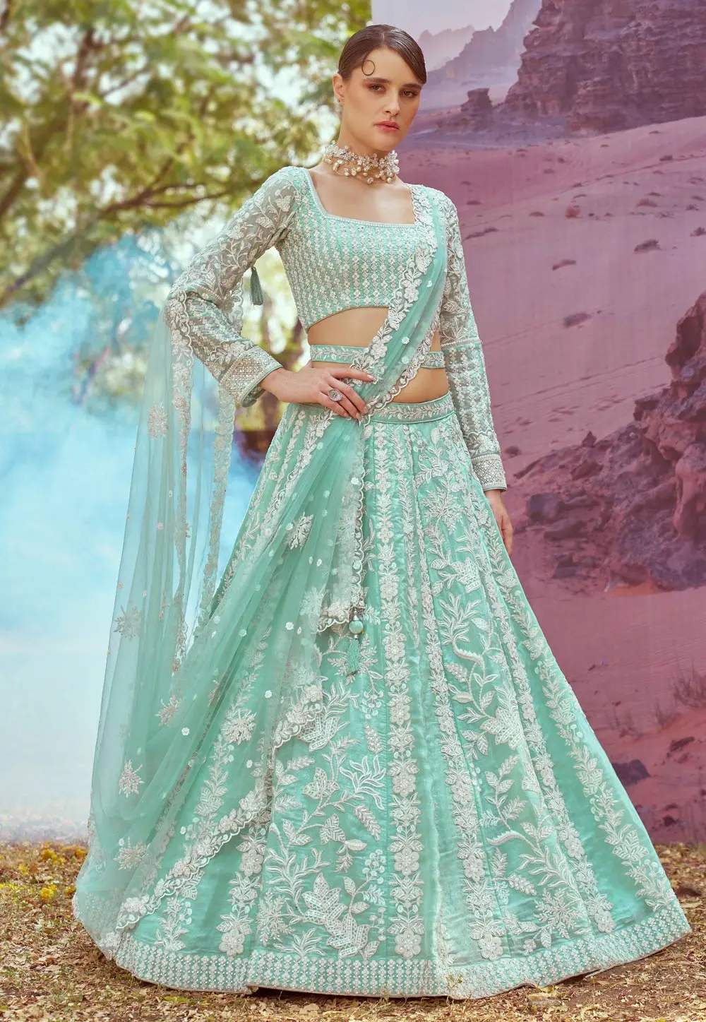 Sea Green Organza Circular Lehenga Choli 299138