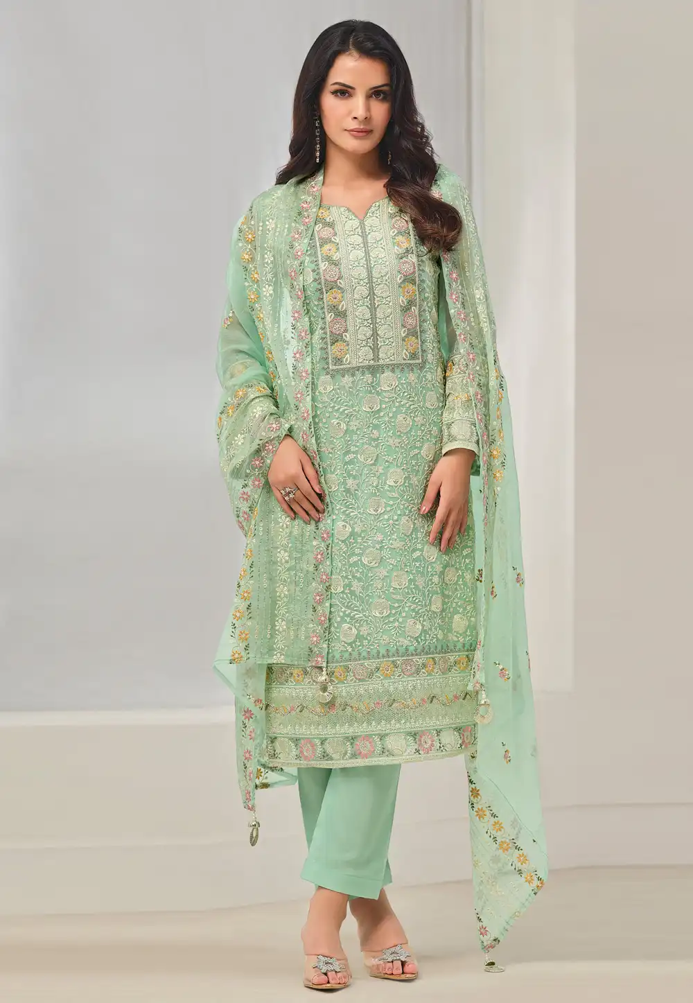 Sea Green Organza Embroidered Pant Style Suit 292044