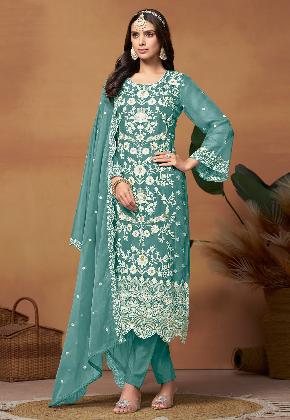 Sea Green Organza Embroidered Pant Style Suit 287106