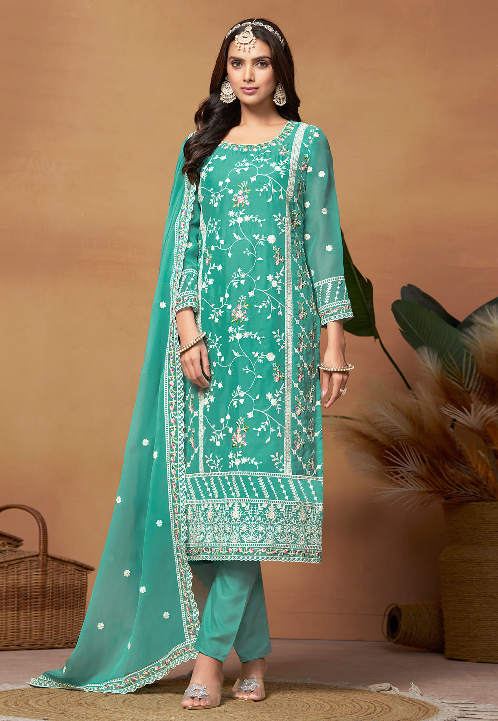Sea Green Organza Embroidered Pant Style Suit 287478