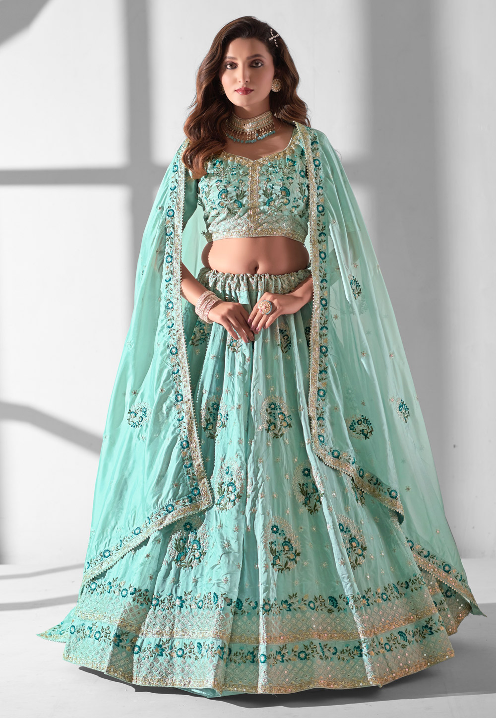 Sea Green Organza Lehenga Choli 286002