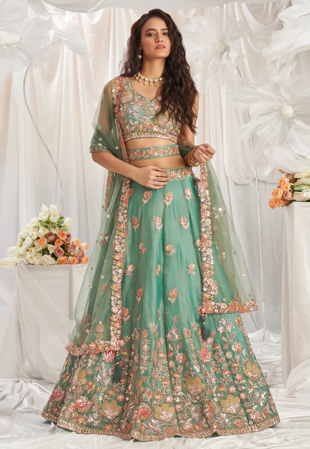 Sea Green Organza Lehenga Choli 295373