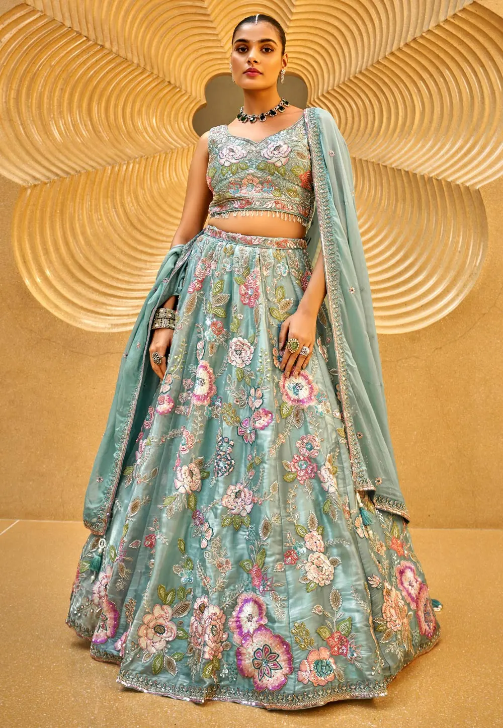 Sea Green Organza Lehenga Choli 297330