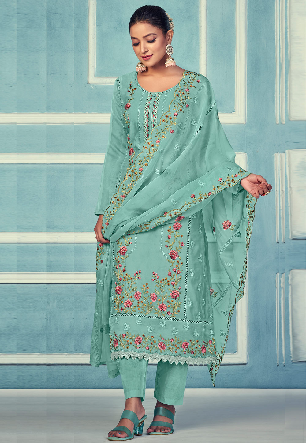 Sea Green Organza Pakistani Suit 310706