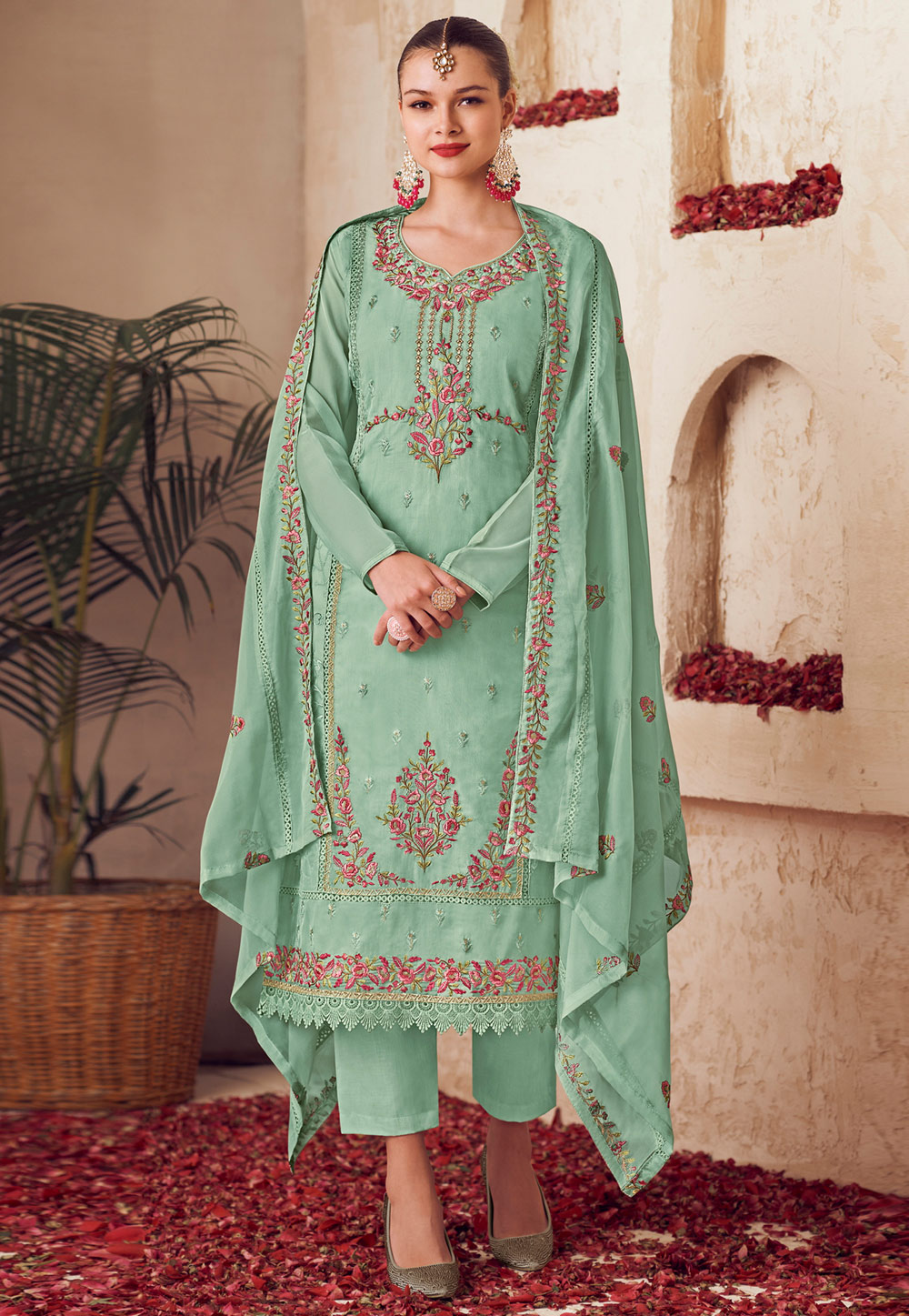 Sea Green Organza Pakistani Suit 310708