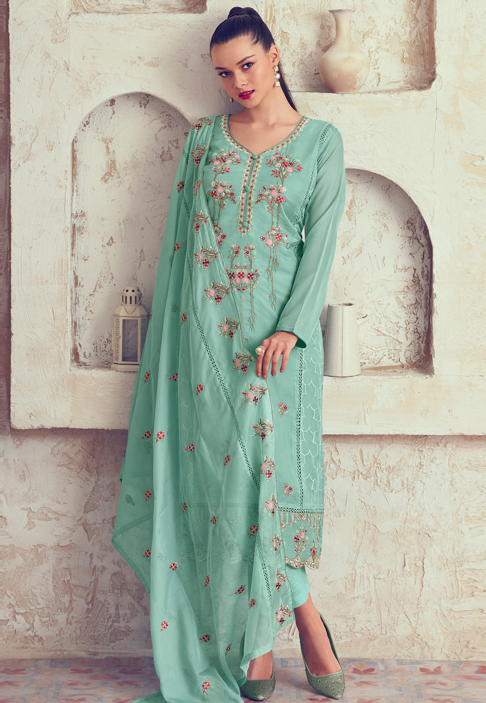 Sea Green Organza Pakistani Suit 310712