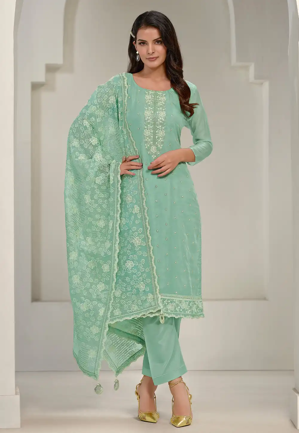 Sea Green Organza Pakistani Suit 290971