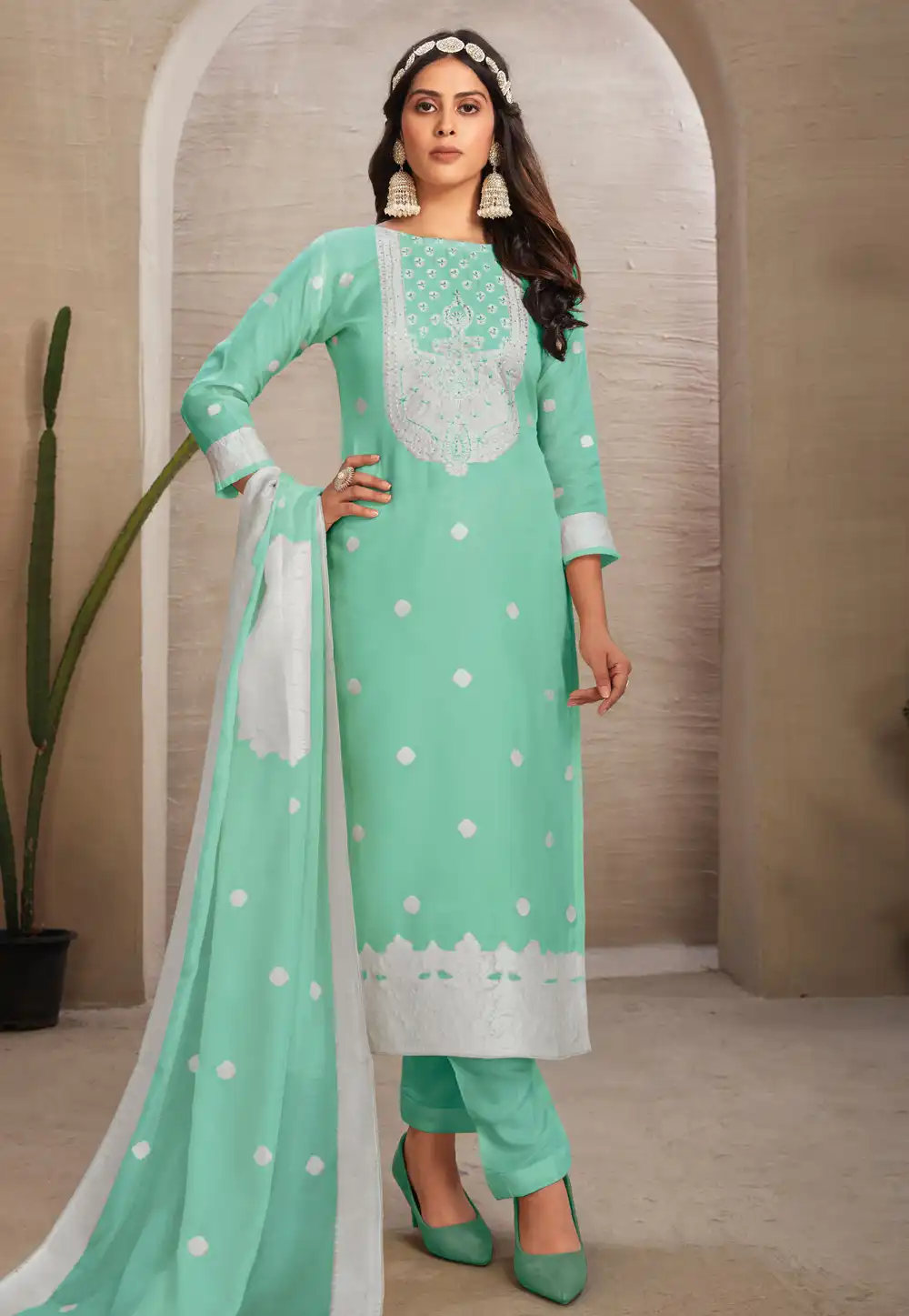 Sea Green Organza Pakistani Suit 290305