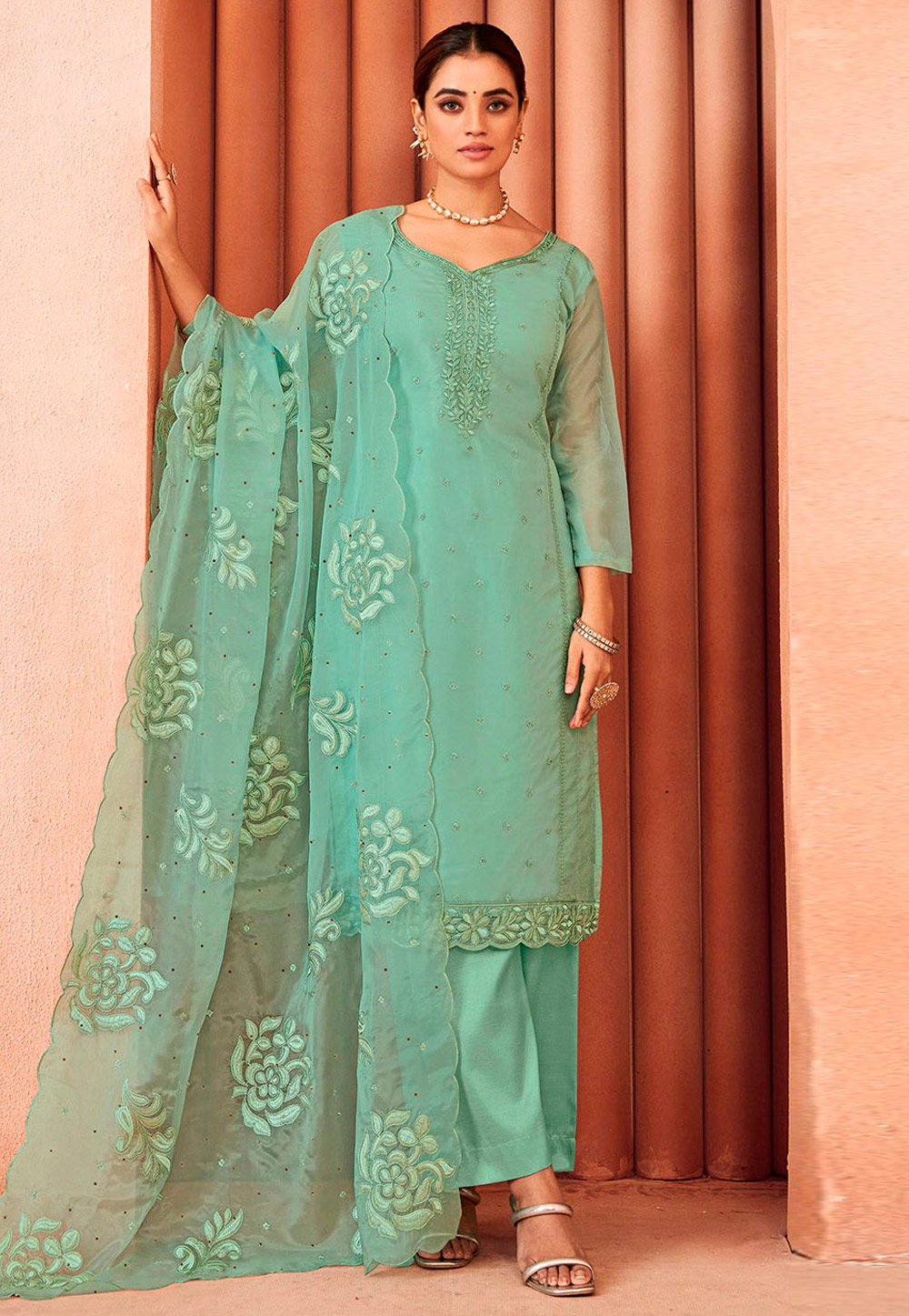 Sea Green Organza Pakistani Suit 309491