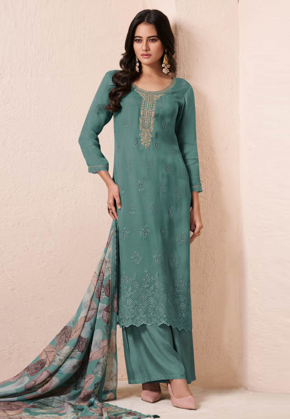 Sea Green Organza Palazzo Suit 310625